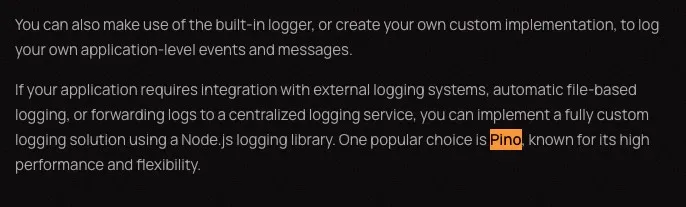 NestJS docs recommending Pino for external and centralized logging